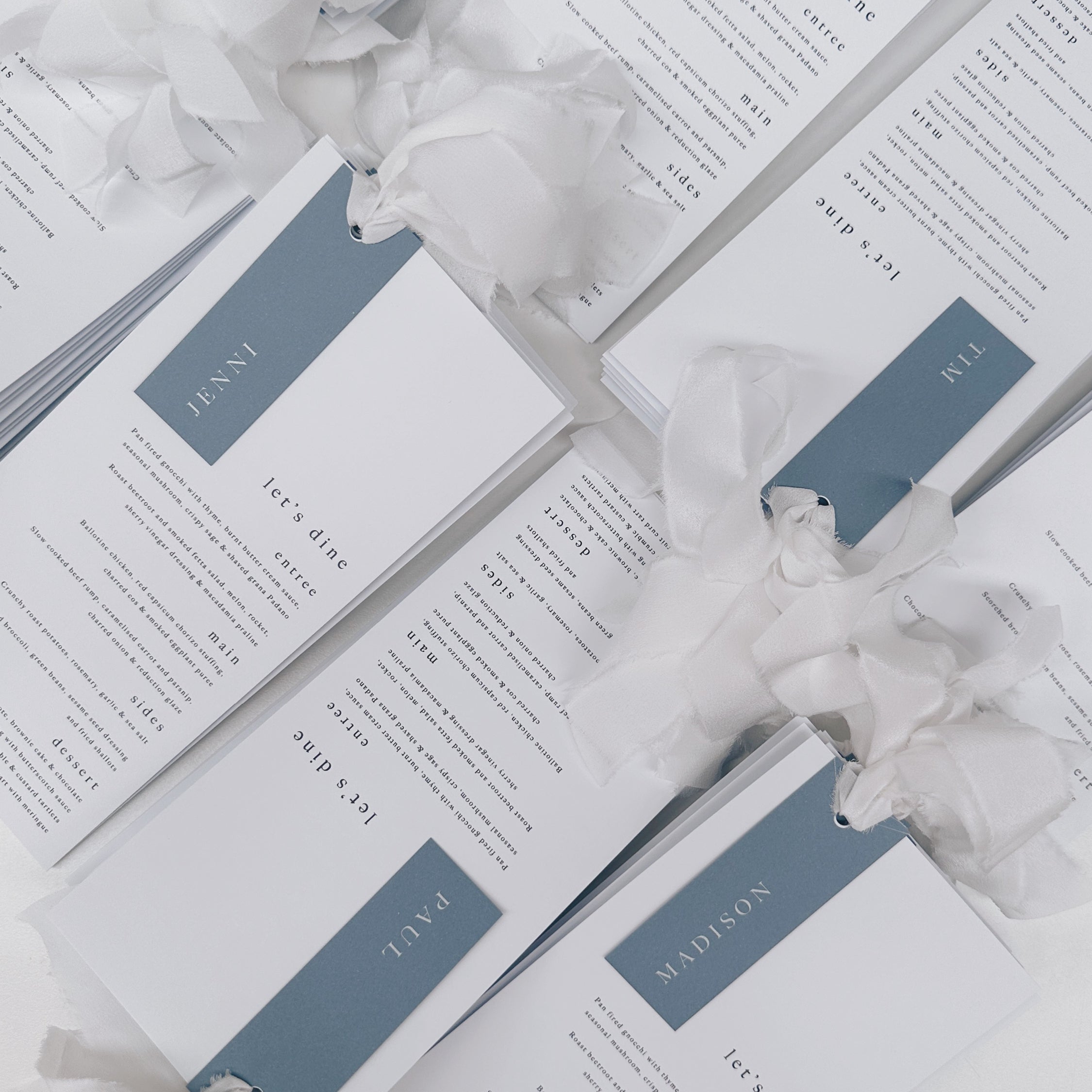 Printed Menus & Place Card Set with Ribbons